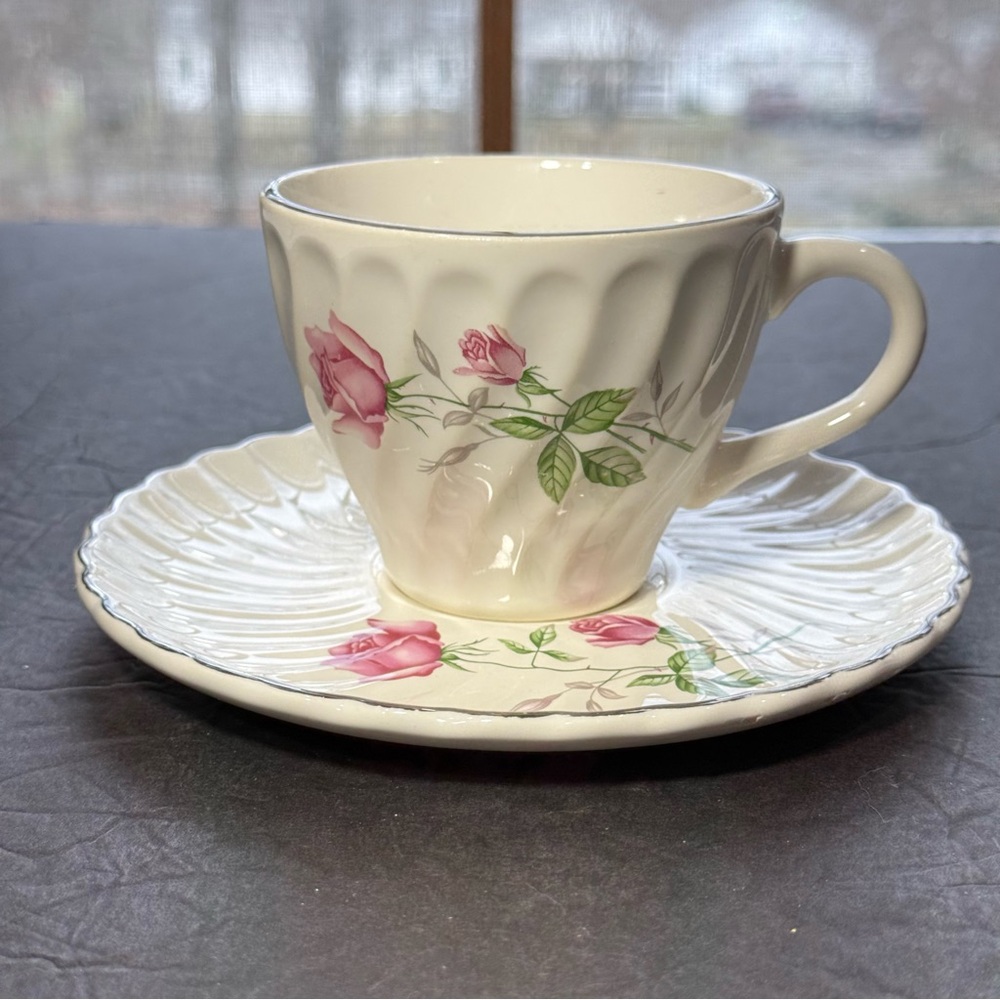 Vintage Dorset Scio Pink Rose Platinum Trim Print Tea Cup & Saucer Set